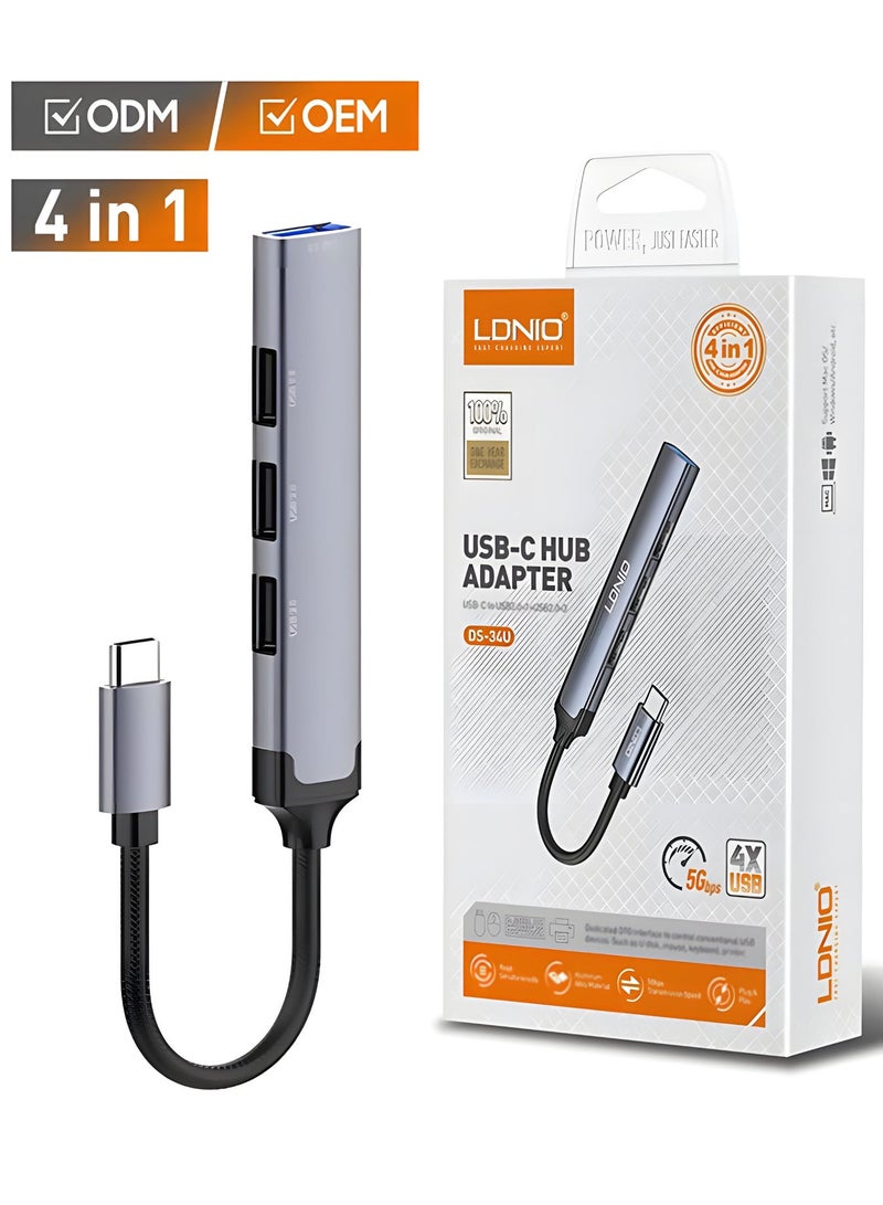 LDNIO DS-34U USB-C Hub 4 in 1 Adapter | USB Type-C to 4 USB Ports | USB 3.0 5Gbps Data Transfer | OTG USB Hub for Laptop, MacBook, Android - Image 1